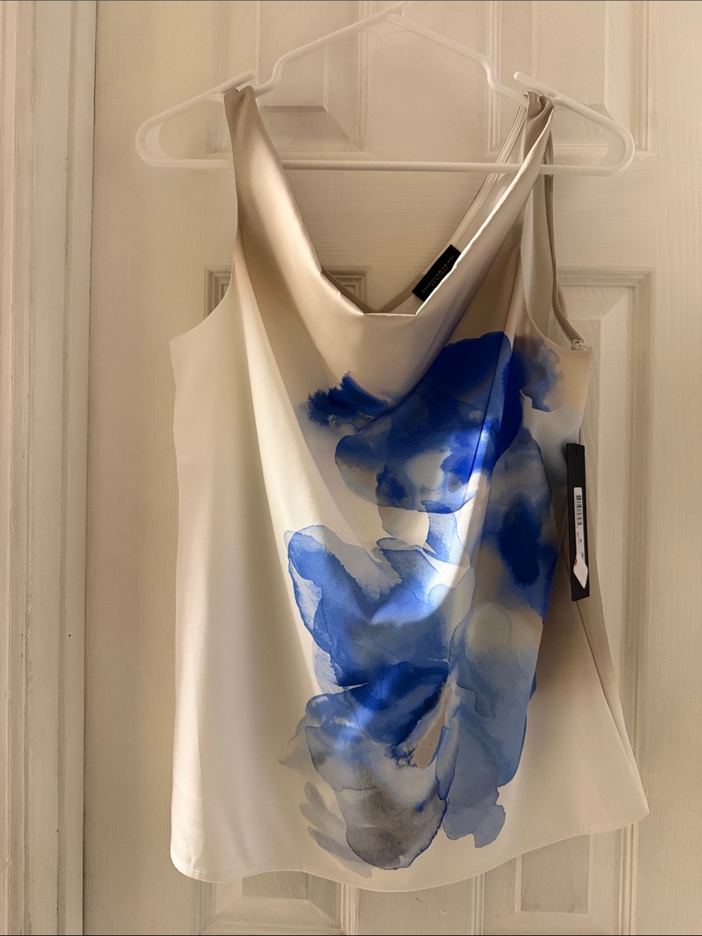 Donna Karan Cream Satin Cowl Neck Camisole with Blue Floral Print